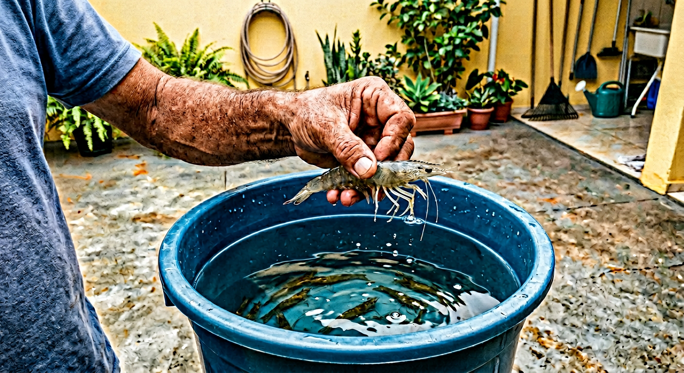 Homem mostrando camarão fresco tirado do balde