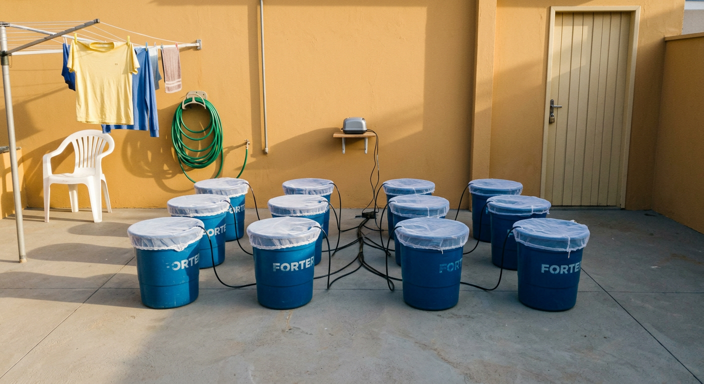 10 baldes organizados no quintal